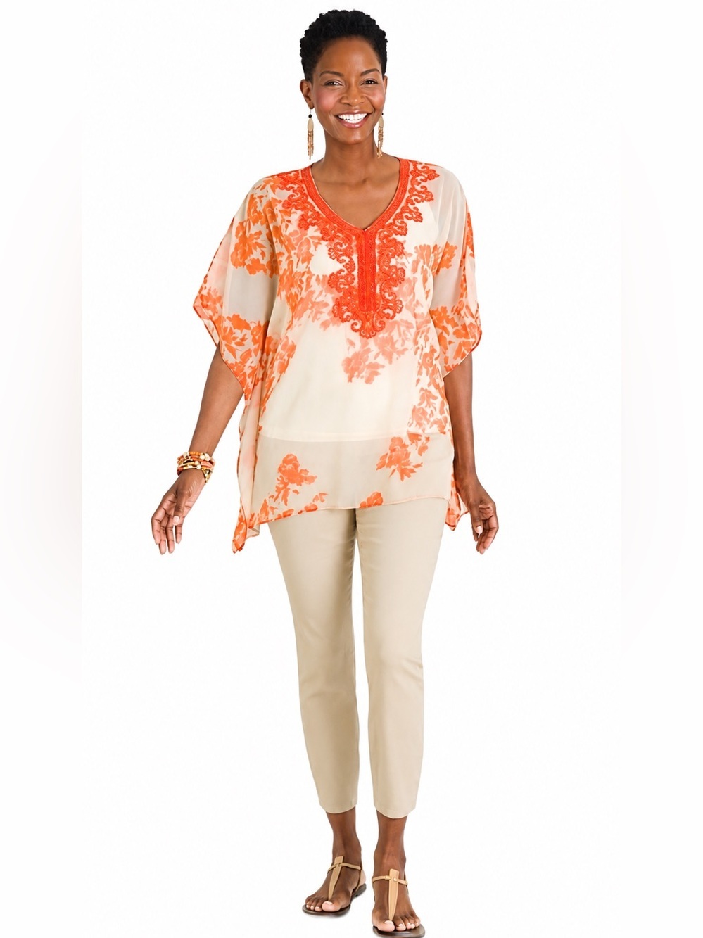 Chico’s Embroidered Floral Poncho Blouse S/M Orange Ivory Semi Sheer Boho Resort